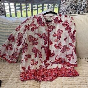 Cato est 1946 White Tunic with Bell Sleeves Red Paisley Print and Tassel Tie